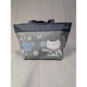 Kawaii Cat Tote Bag Gingham Floral Cartoon Zipper Top Cute Japan Style NWOT